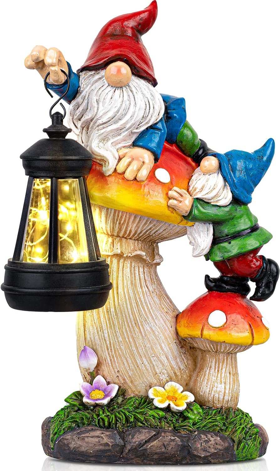 C&Y&G&X Solar Garden Gnome Statue with Lantern, Waterproof Mushroom Garden Decor, Resin Gnome Yard Art with Solar LED Lights for Outdoor Lawn Patio Porch, Gifts for Mom Grandma Garden Lovers