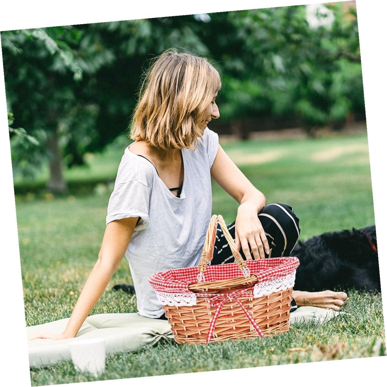 BESPORTBLE Wicker Woven Basket: Easter Egg Baskets, Willow Picnic Hamper with Linen Cloth, Double Folding Handles Fruit Storage 12.58Inchs