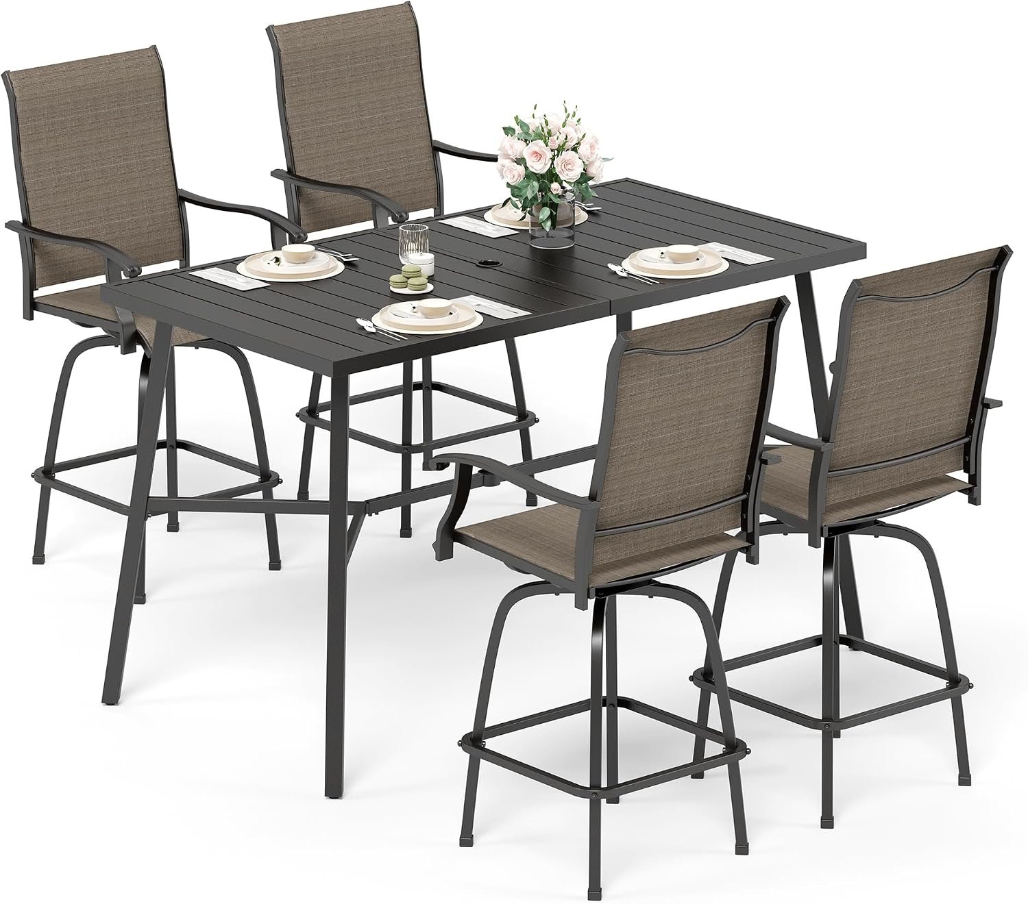 Sophia & William 5-Piece Bar Height Outdoor Table and Chairs, Brown | 4 x Breathable Textilene Patio High Top Swivel Stools, 1 x 39.8”H Rectangular Table with Umbrella Hole, for Backyard