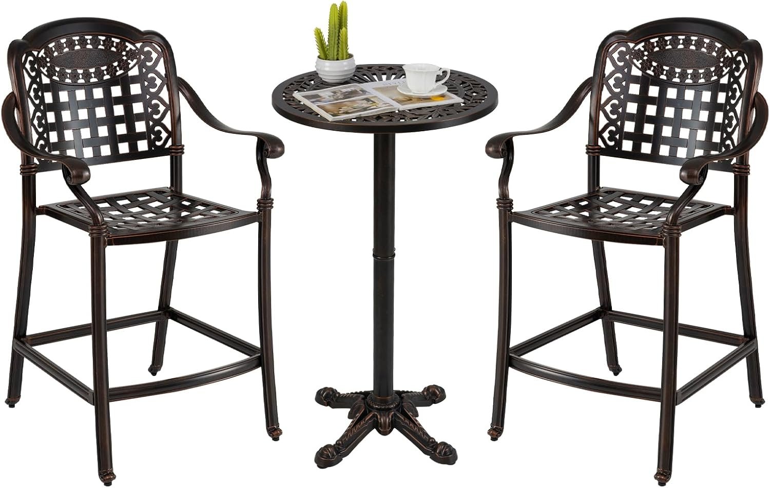 Tangkula 3 Piece Patio Bar Set, Outdoor Cast Aluminum Round High Top Table & 2 Counter Height Bar Stools with Curved Armrests & Footrest, Patio Bistro Set for Porch, Garden, Backyard, Poolside