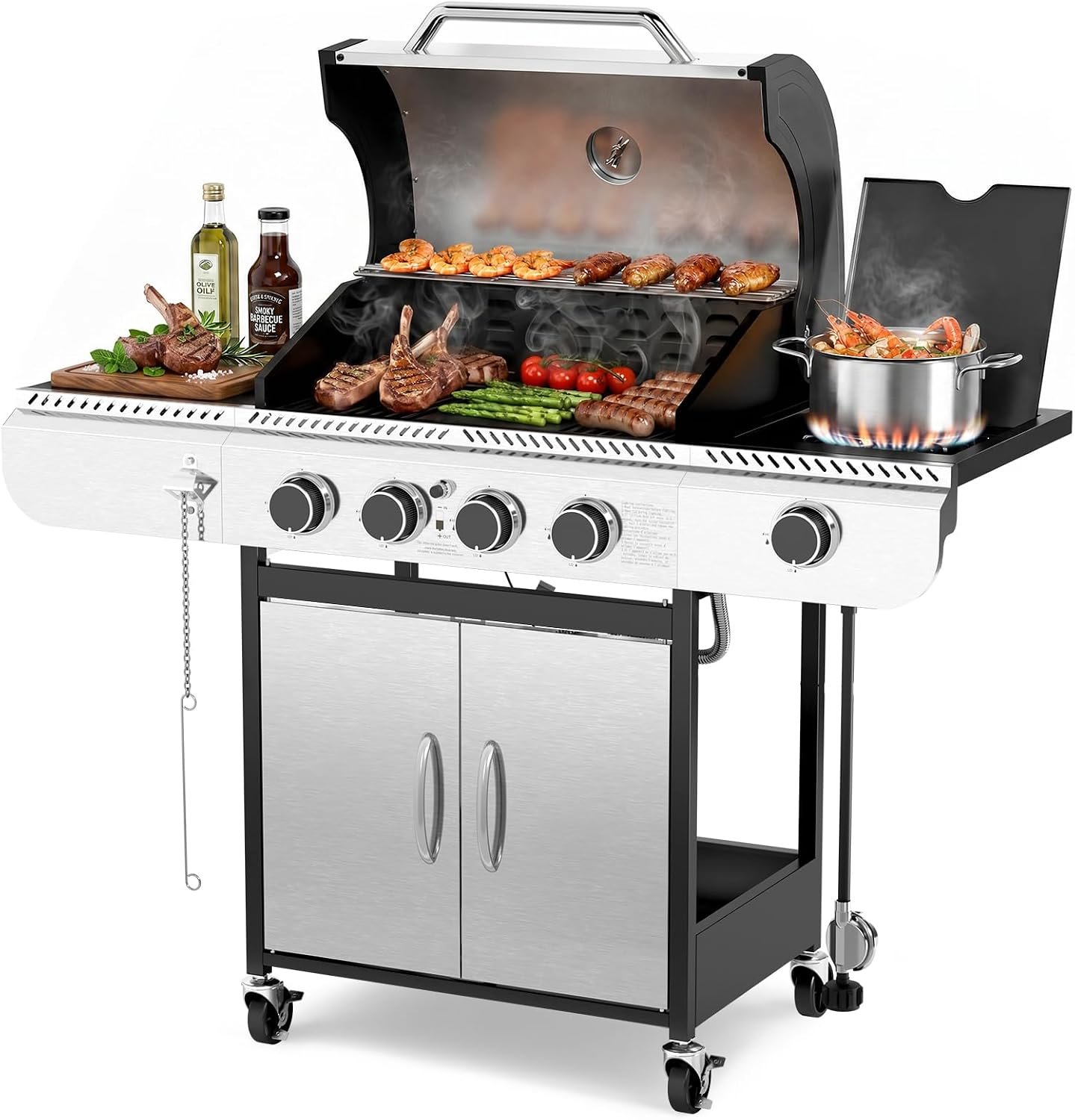 COWSAR 4-Burner Gas Grill, 42000 BTU BBQ Grill, Stainless Steel Barbecue Grill with Side Burner, Enameled Cast Iron Grill, Pull-Out Oil Tray, Suitable For Outdoor, Backyard Barbecues