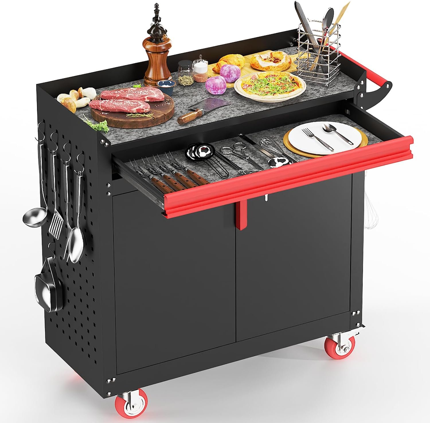 Eltean Metal Grill Cart – Outdoor Grill Cart with Storage,Grill Table with Wheels,Outdoor Bar Cart with Adjustable Shelf for Kitchen Prep and Patio BBQ