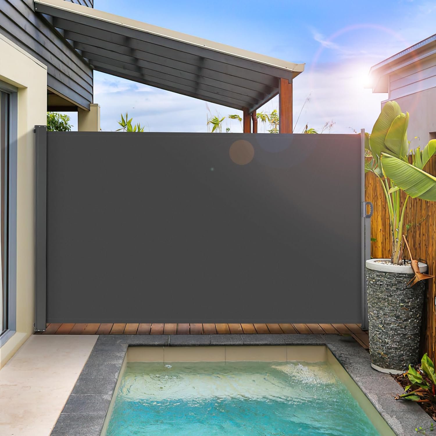 LIFERUN 138″ x 71″ Side Awning, Retractable Side Awning, Patio Retractable Side Screen, UV Resistant, Waterproof, Patio Privacy Screen for Garden, Balcony, Courtyard(Dark Grey)