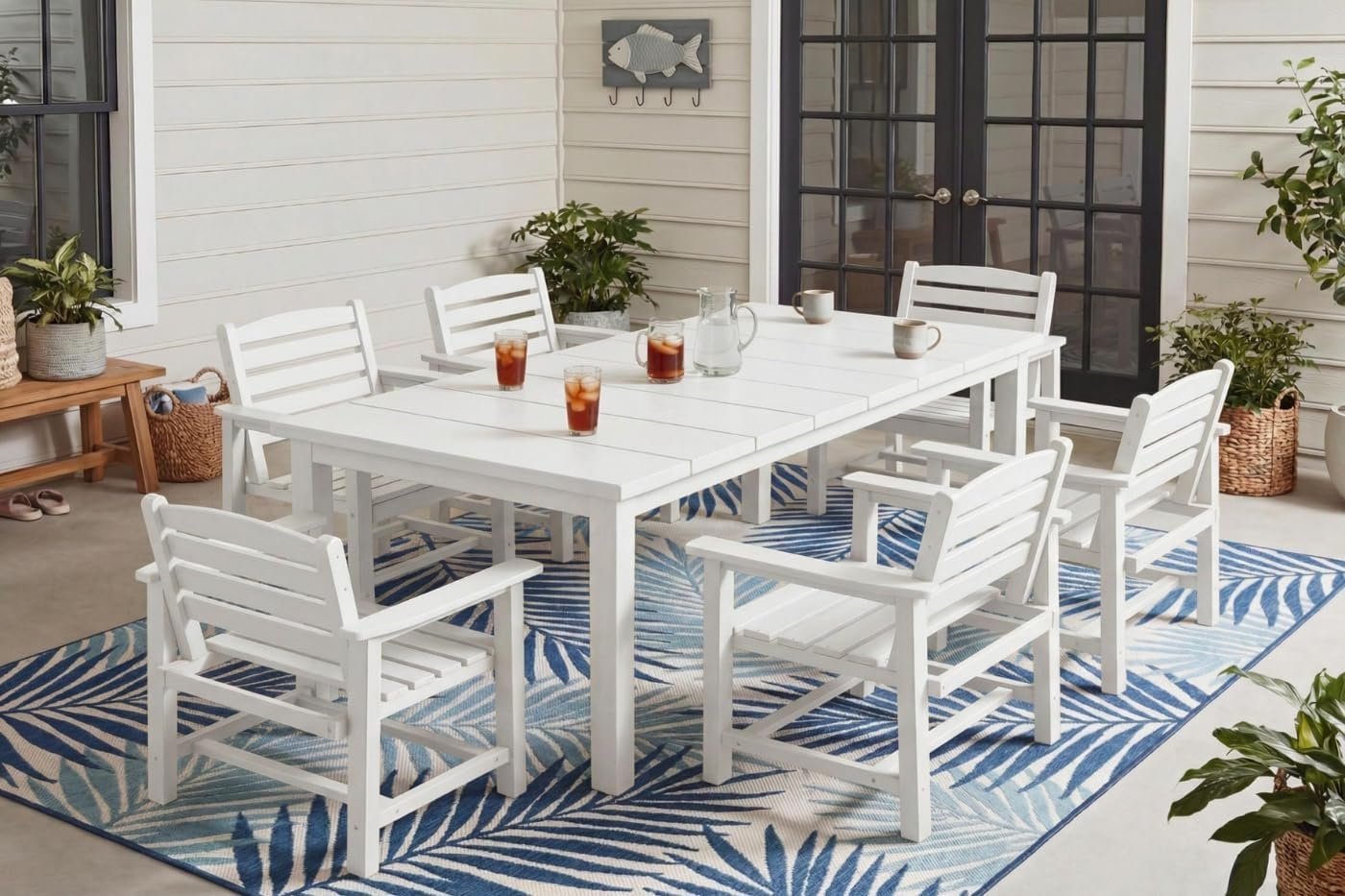 Perli™ 7-Piece Outdoor Dining Set, All-Weather HDPE Patio Furniture with 6 Ergonomic Chairs & Large Table, Built-in Umbrella Hole, UV-Resistant Set for Backyard, Deck, Poolside, White