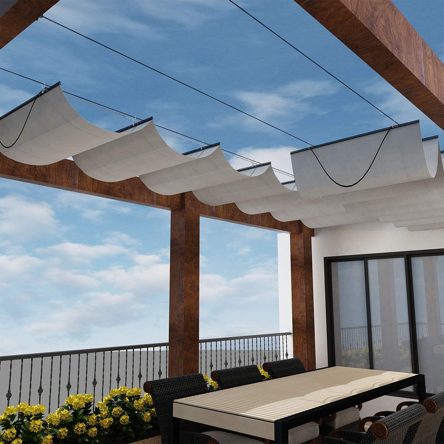 Windscreen4less 4′ x 12′ Retractable Sun Shade Canopy Cover Sliding Wave Shade Sail for Pergola Patio Deck Yard Gazebo Outdoor (Light Gray)