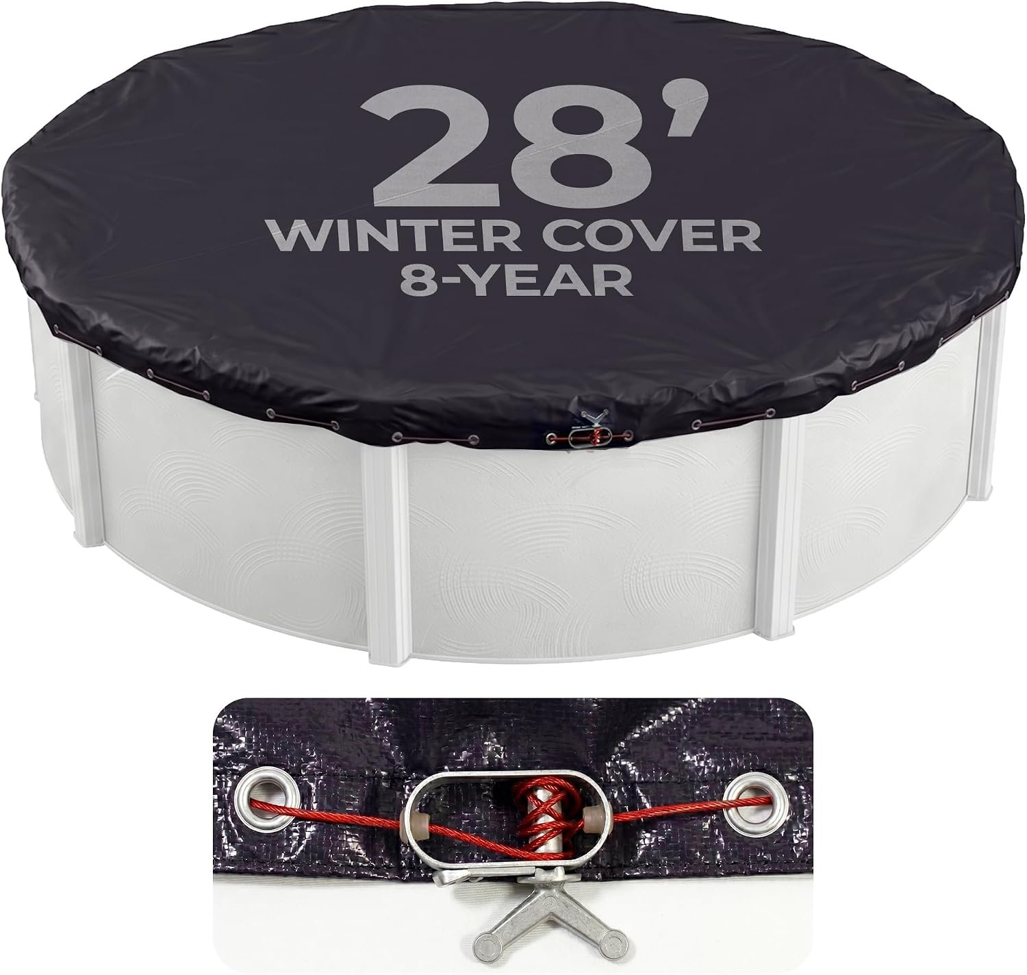 Blue Wave Arctic Armor 28-ft Round Above Ground Pool Winter Cover, Navy | Solid polyethylene, heat-sealed seams, underside, cable, winch, grommets, 4-ft overlap, 8-yr support, blocks debris & snow
