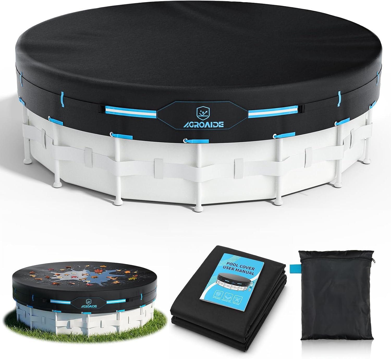 18ft Above Ground Pool Cover with Metal Buckle Straps, 420D Oxford Fabric for All Season Use – Tear Resistant, UV & Dust Proof