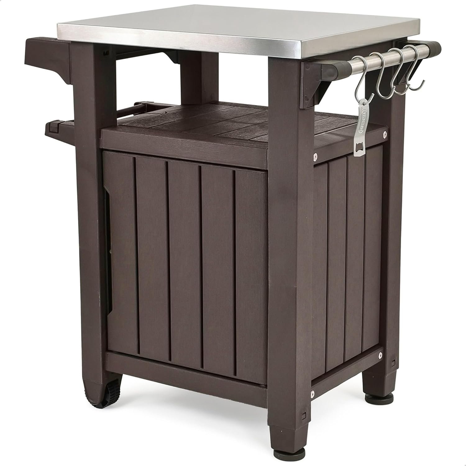 Keter Outdoor Grill Prep Table & Serving Cart, Stainless Steel Top, Unity, 40 Gal, Brown – Portable Bar Table and Cooking Accessory for Pool, Patio, Lawn, and Backyard