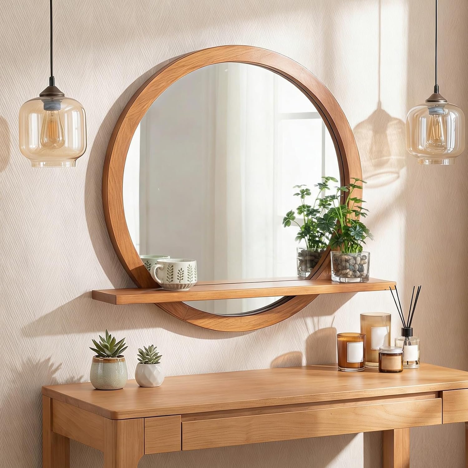 Vercraft 24 Inch Round Wall Mirror with Shelf Solid Wood Frame Rustic Circle Mirror Handcrafted for Entryway Bathroom or Living Room Decorative (Brown)