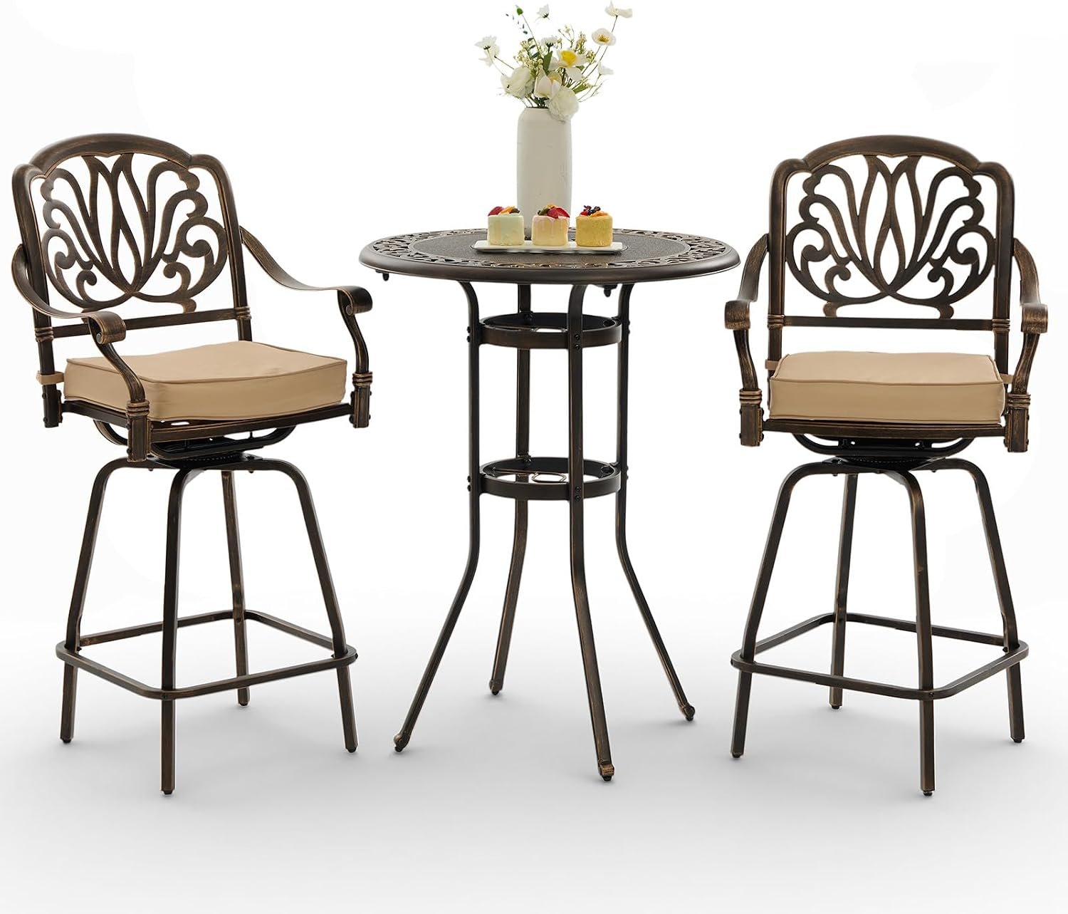 3 Piece Swivel Outdoor Table and Chairs Bar Set , All-Weather Cast Aluminum Outdoor High Top Patio Bar Set Bistro Set, High Swivel Stools with Cushions Umberlla Hole for Balcony, Poolside,Garden,Lawn