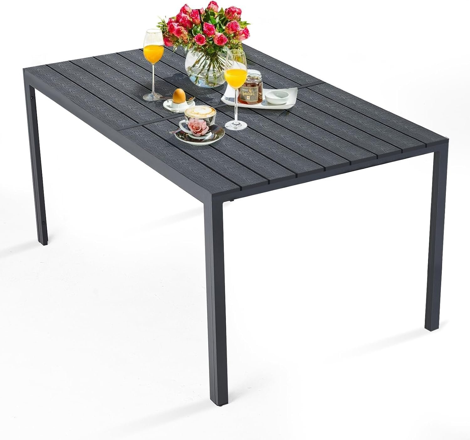 AECOJOY 60″ Outdoor Dining Table, Aluminum Patio Table with Wood-Plastic Composite Tabletop,6 Seater Dining Table for Backyard Garden
