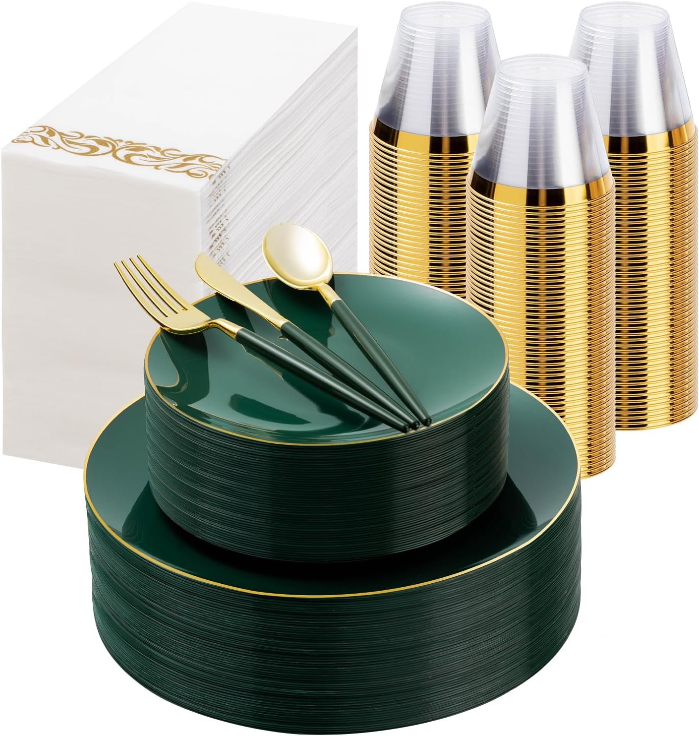 Bestluck 350PCS Green Plastic Dinnerware Set, Green Plastic Plates for 50 Guests, Include 100 Green Gold Plates with 150 Plastic Cutlery, 50 Napkins and 50 Cups