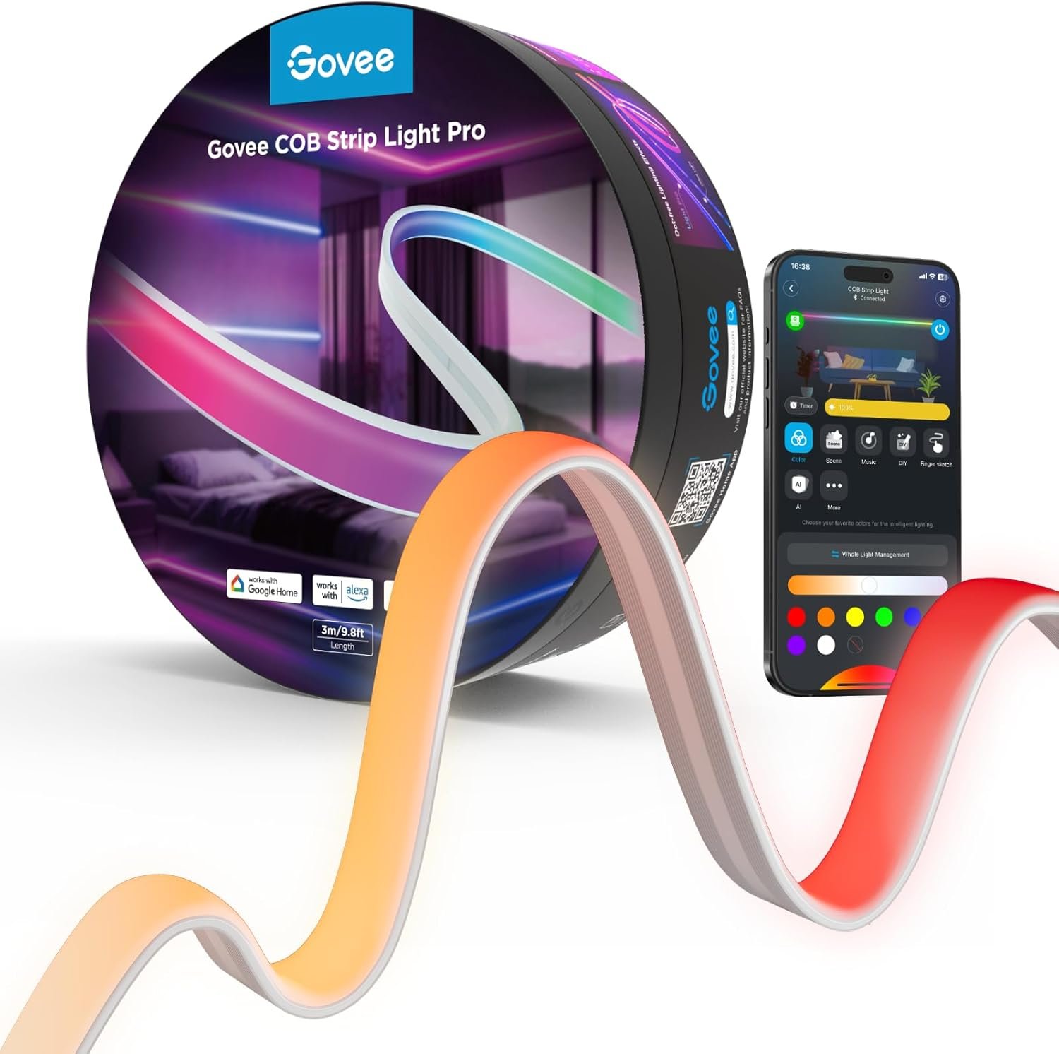 Govee COB LED Strip Light Pro, LED Lights for Bedroom Compatible with Alexa, Google Assistant and Matter, RGBICW Light with Warm White, Smart Strip Light, LED Lights for Bedroom, Color Changing, 9.8ft | Work with Alexa, Google Assistant and Matter, Smart Strip Light, LED Lights for Bedroom, Color Changing