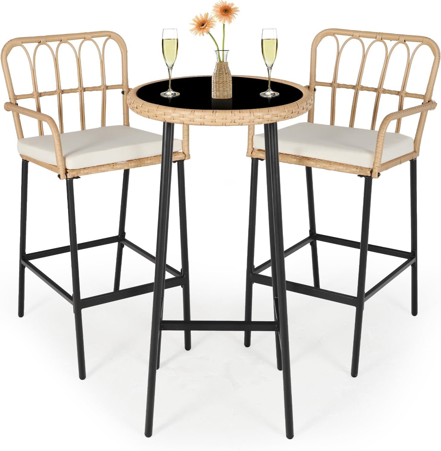 LYNSLIM Outdoor Bar,3 Piece Height Table Patio Rattan Wicker Furniture Chairs Set,22″ Patio Bar Table and Outdoor Bar Stool Set of 2,with Removable Cushions for Backyards, Porches (Set for 3)