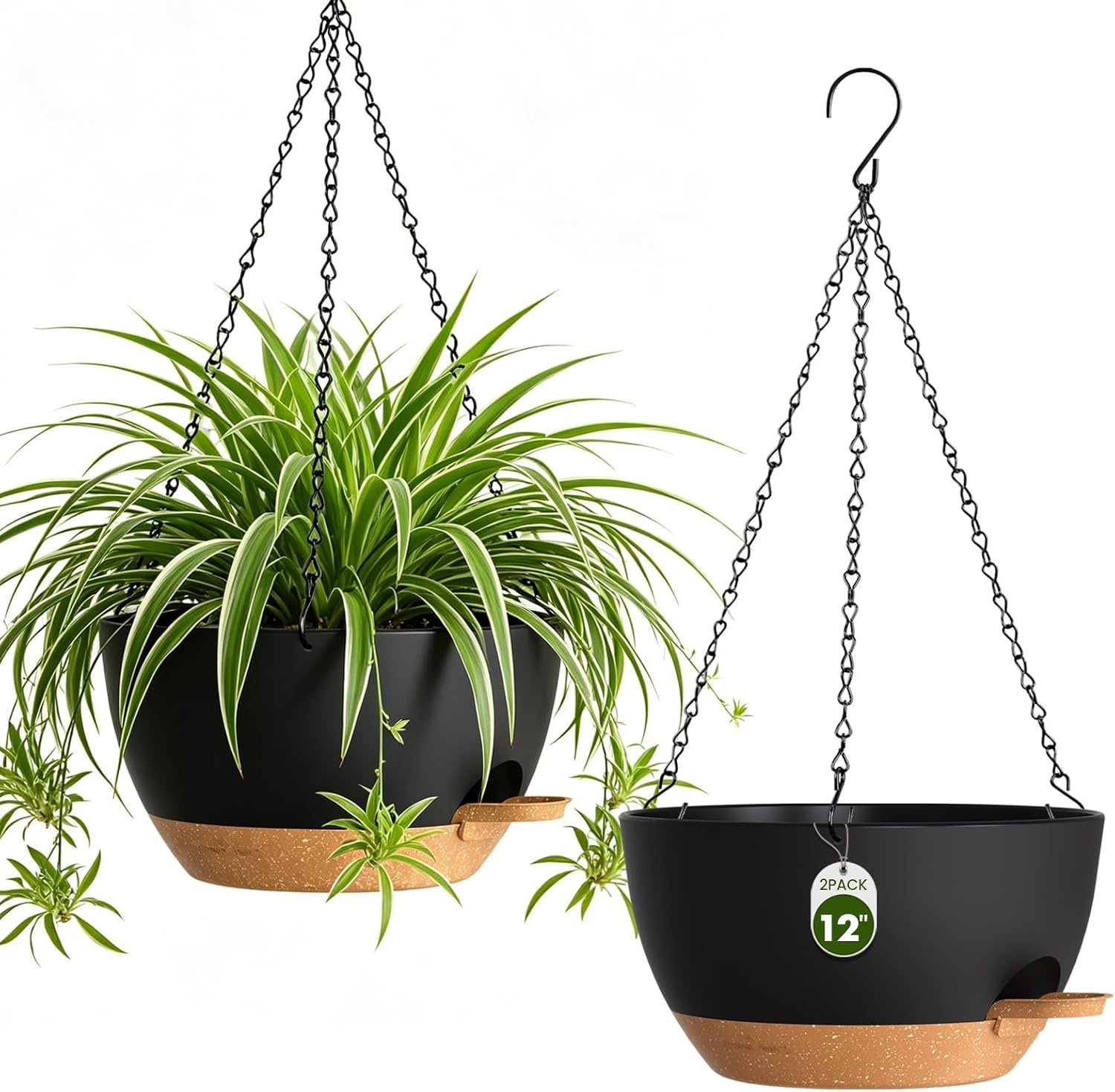 12 Inch Large Self Watering Hanging Planters 2 Pack with Saucers | Set of 2 12-inch self-watering hanging planters with extra soil capacity, side-fill ports, chain hangers & snap-on saucers