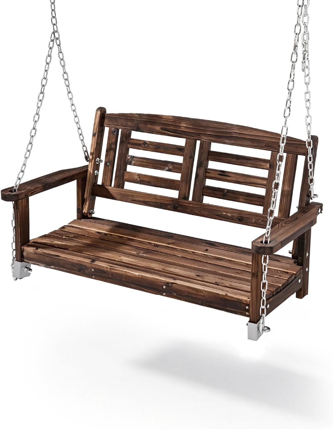 Outvita Wooden Porch Swing, Outdoor Patio Swing, 44″ Swing Bench with Hanging Chains and Reclined Backrest for Deck, Garden,Yard, Balcony, Room 600 lbs Capacity Fir Wood (Carbonized Color)
