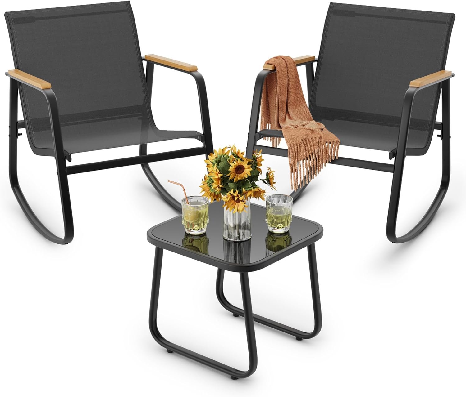 Ahomly 3 Pieces Patio Furniture Set Textilene Fabric Outdoor Patio Rocking Bistro Set with Wooden Armrests and Coffee Table for Lawn, Porch, Balcony, Poolside, Black