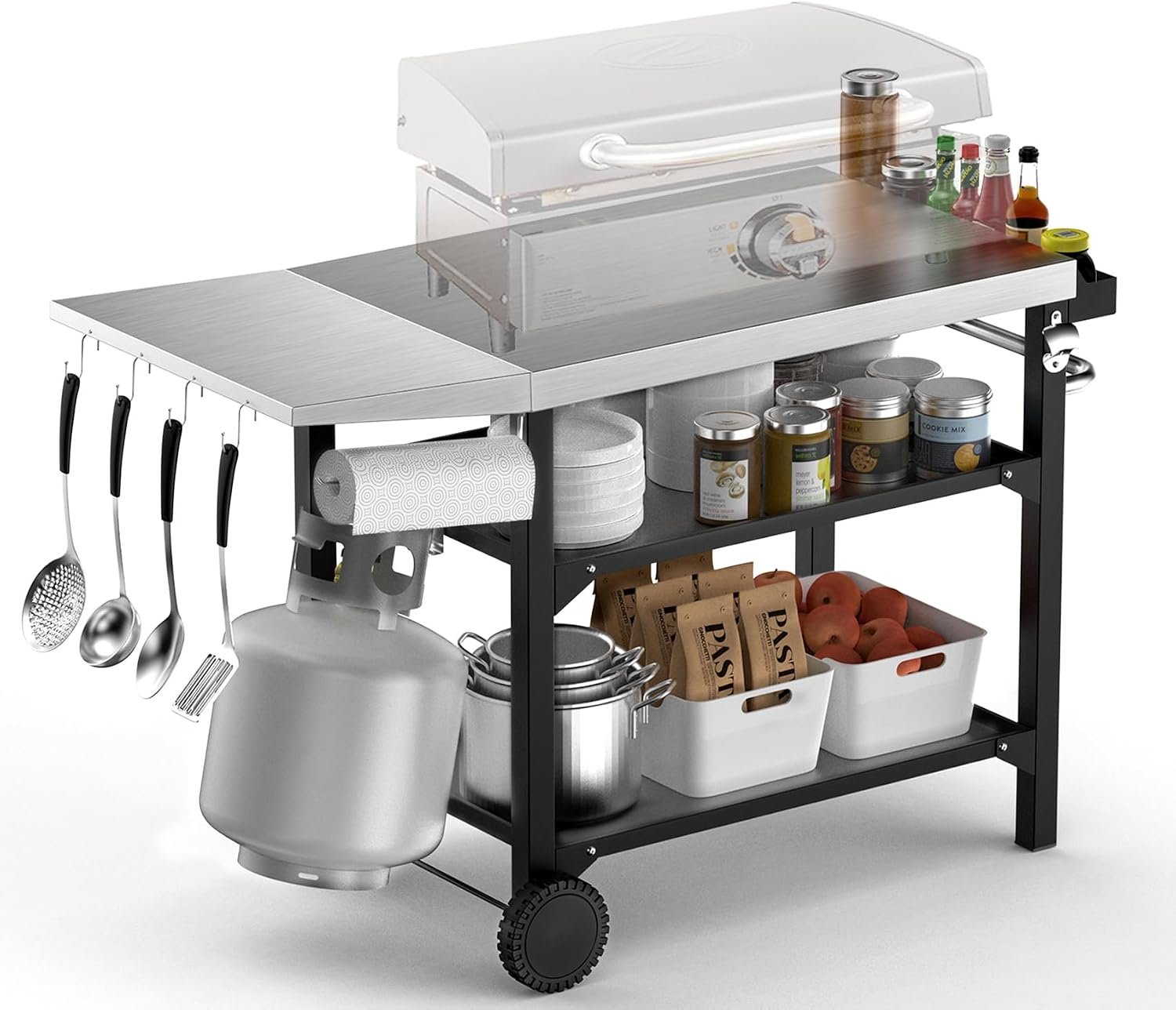 Skyflame Heavy Duty Pizza Oven Table & BBQ Prep Cart, Stainless Steel | Rolling Grill Cart with Lockable Wheels, 3 Shelf Outdoor Workstation, For Griddle/Patio, 170 lbs, No Wobble