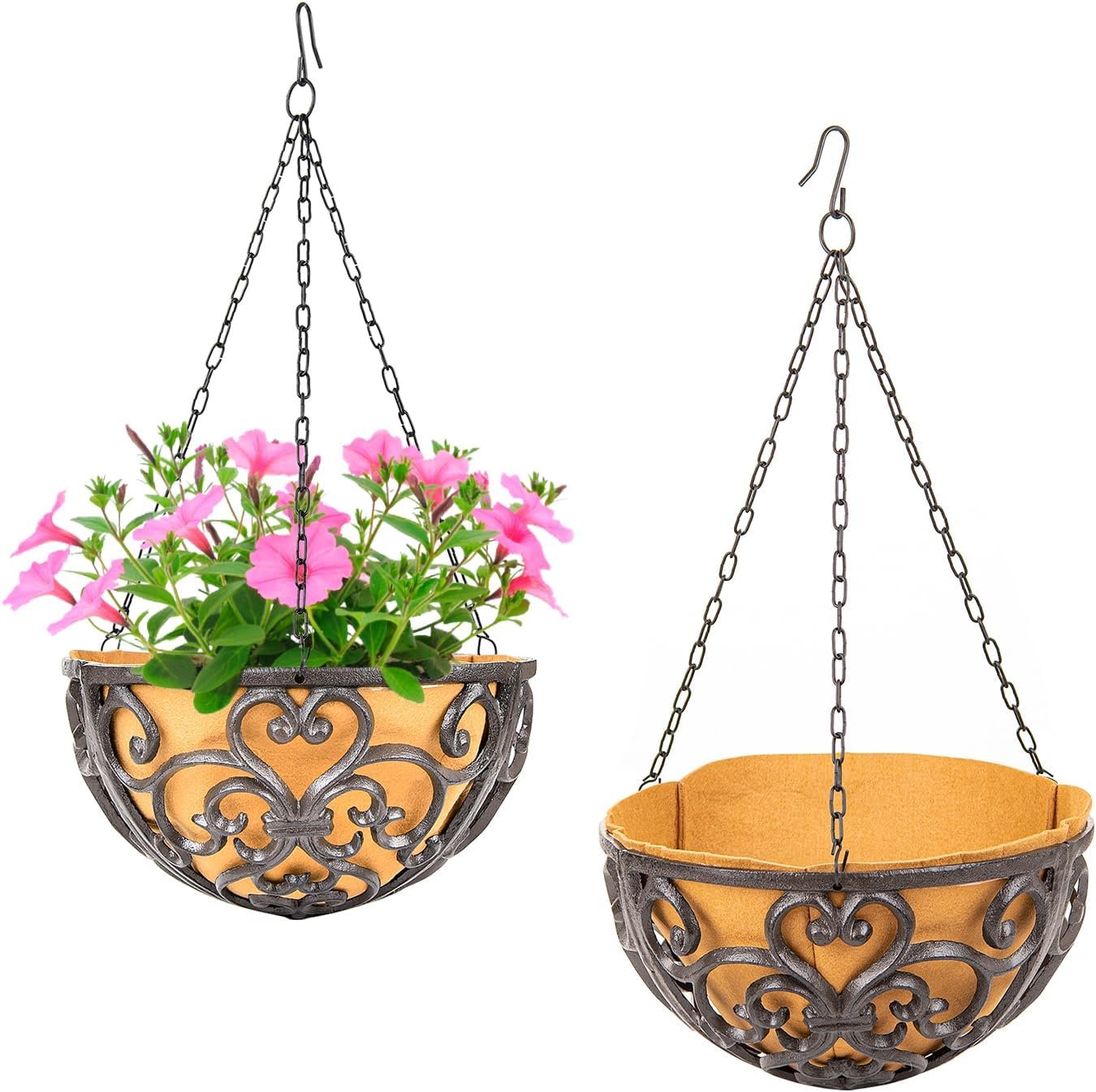 Sungmor 2PC 11″ Dia. Cast Iron Hanging Baskets with Fabric Liner – Brown | Heavy Duty Metal Flower Planter for Outdoor Yard Terrace Patio Porch Garden Hanging Decor