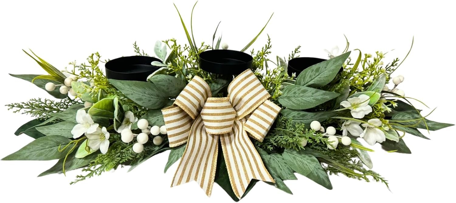 Svndlyn 26 Inch 3 Candle Holder Centerpiece with Greenery and Striped Bow | Faux Greenery, White Flowers, Berries and Eucalyptus Leaves for Table Mantel and Holiday Decor