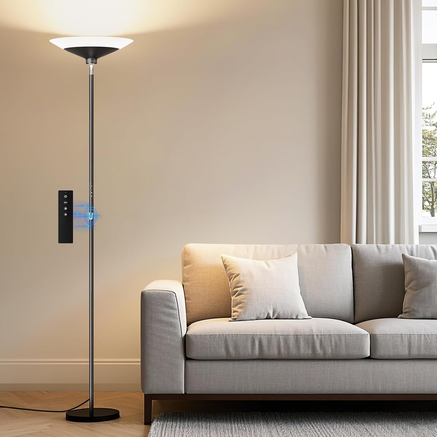 SIBRILLE Torchiere Floor Lamp – 72″ Tall LED Standing Lamp with Remote/Button Control, 1800Lm, 3000-6500K, 30W Dimmable Modern Corner Floor Light for Living Room Bedroom Office Apartment, Black