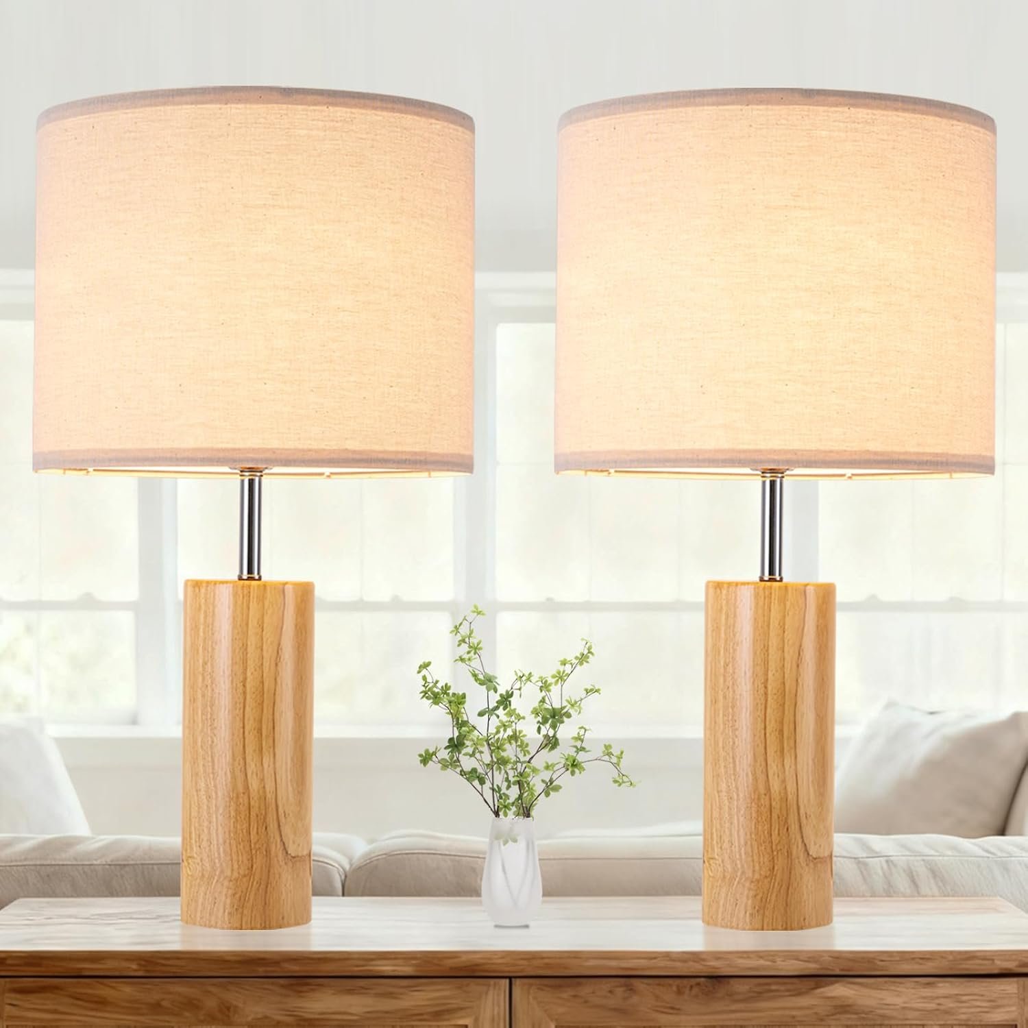 lapupu 23.5″ Wood Table Lamps Set of 2 for Living Room, Vintage Farmhouse Bedside Lamps for Bedroom, Large Round Desk Lamps for End Table Nightstand, Natural Wood