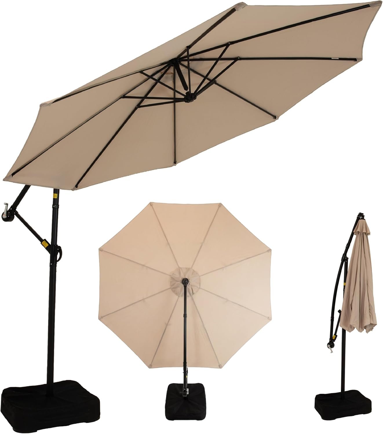 Sunnydaze 10ft Cantilever Offset Patio Umbrella with Base Included for Porch, Deck, Pool, or Backyard – Polyester Sandbag Weight, Push-Button Tilt and Crank, Powder-Coated Steel Pole – Beige