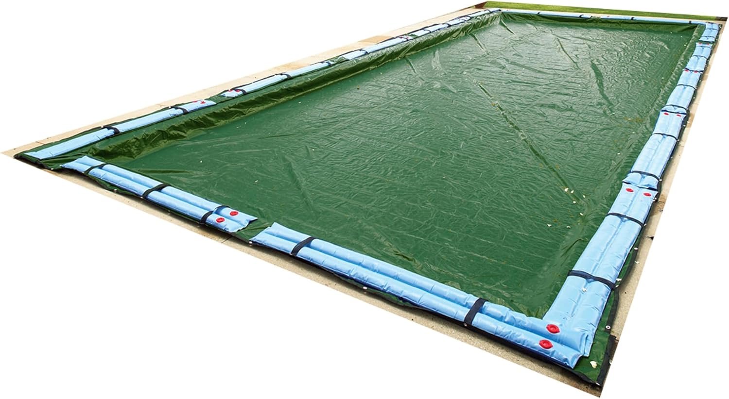 Blue Wave Arctic Armor 20×40-ft Rectangular In-Ground Pool Winter Cover | Solid polyethylene, black underside, heat-sealed seams, grommets, cable, winch, 5-ft overlap, 12-yr support, green