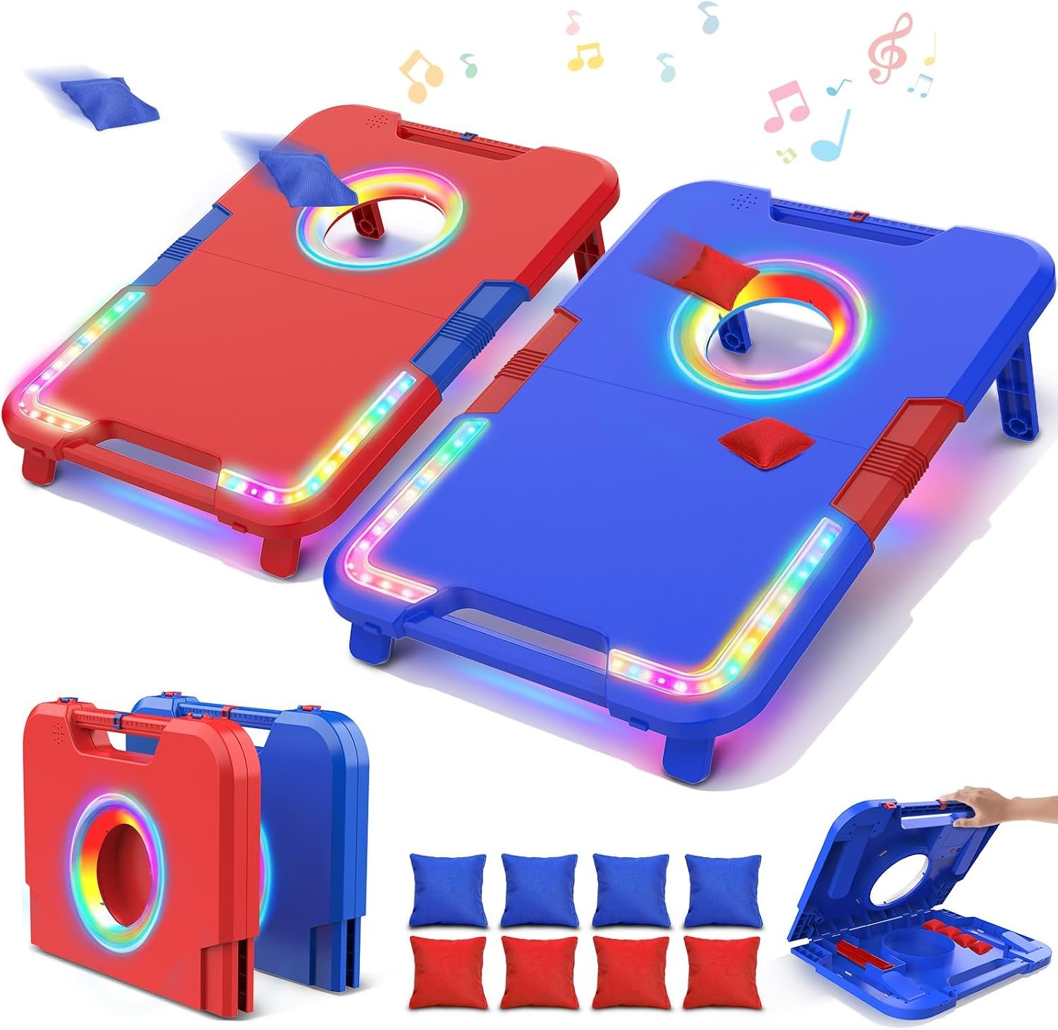 VATOS Portable Cornhole Board Set with LED Lights, Scoring & Sound Effects | 2 Foldable Boards & 8 Bean Bags for Backyard, Camping, Tailgate Parties, Outdoor Cornhole Games for Kids and Adults Family