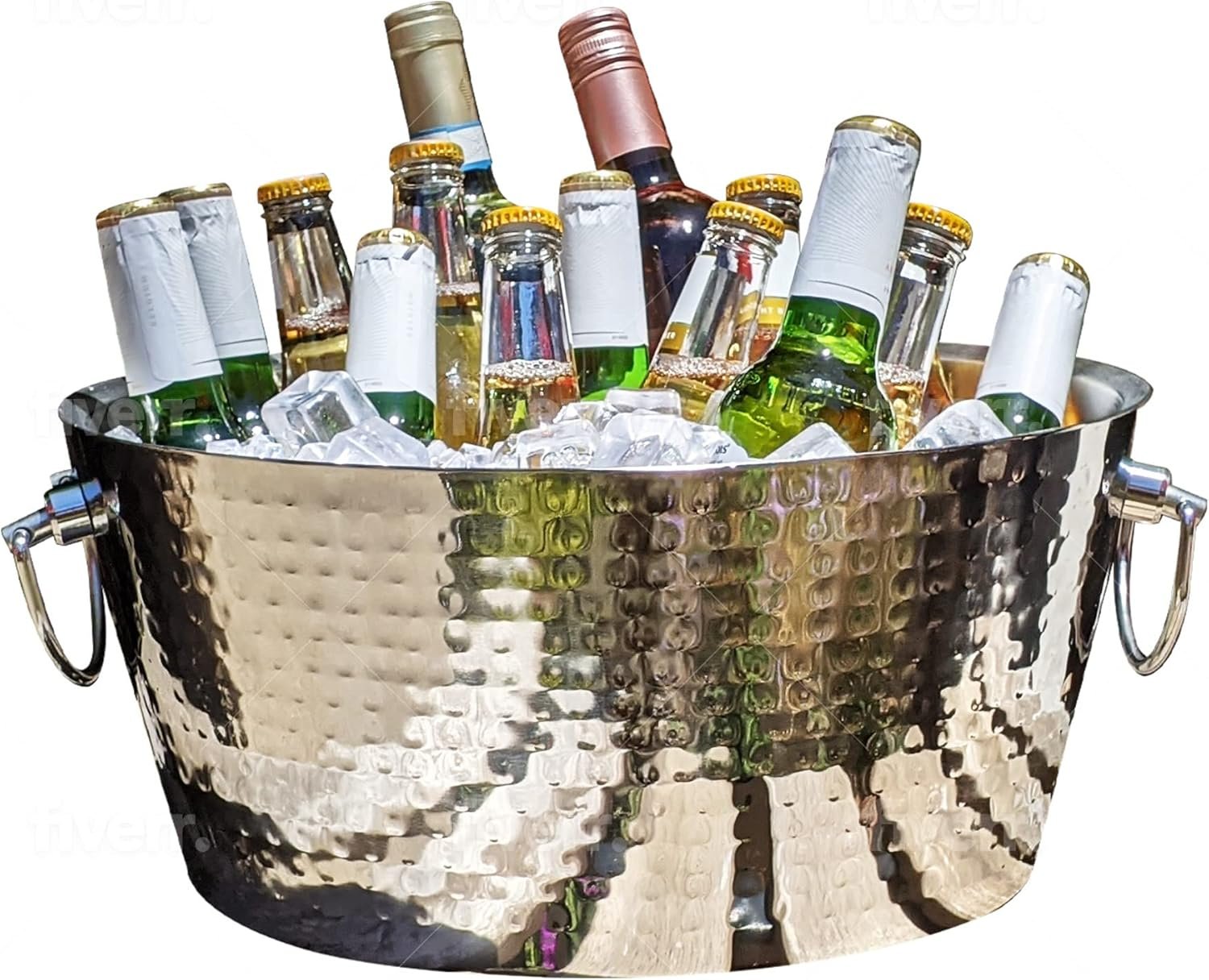 BREKX Insulated Hammered Stainless Steel Beverage Tub & Ice Bucket, 12 Qt | Double-wall insulated tub keeps beer, wine and champagne chilled. Double-hinged handles make carrying easier.