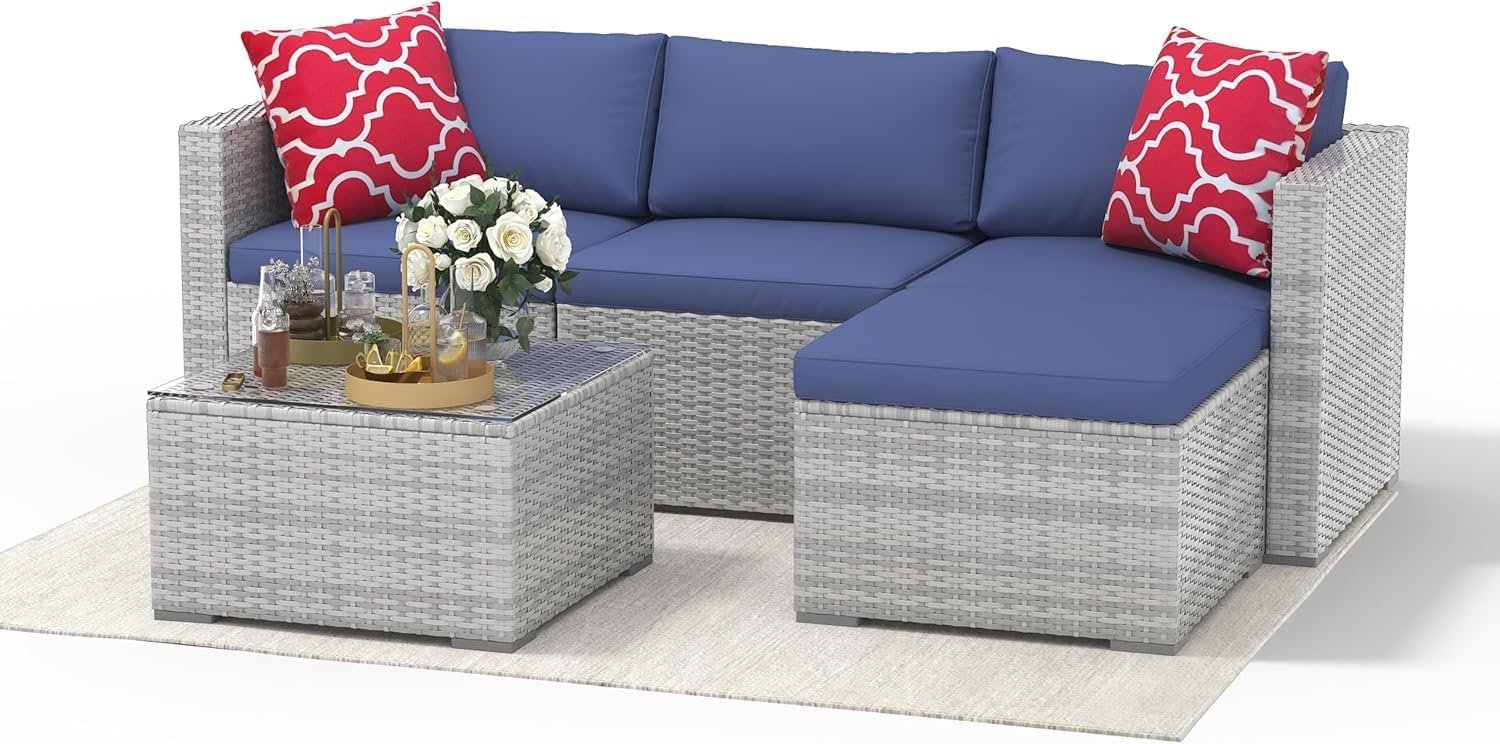 5-Piece Outdoor Sectional Sofa Set, Outdoor Patio Set Sectional Sofa, All-Weather PE Rattan Patio Furniture with Ottoman & Tempered Glass Table for Garden, Backyard, Porch, Poolside (Brown/Blue)