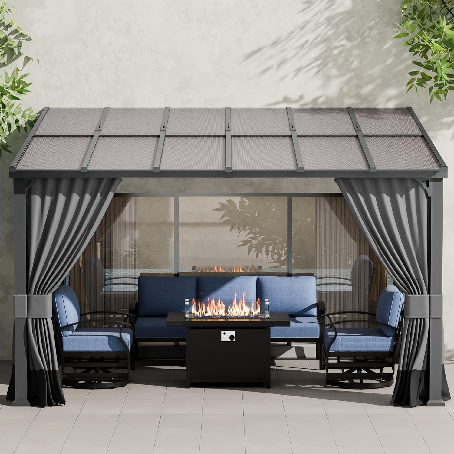 ALAULM 10’x 12′ Outdoor Hardtop Pergola, Lean to Gazebo with Curtains and Netting,Large Wall-Mounted Heavy Duty Awnings for Patio, Backyard, Deck and Lawns-Grey