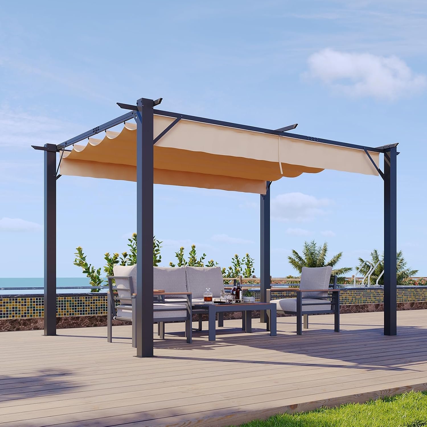 Aoxun 10’x12′ Outdoor Retractable Pergola, Heavy Duty Metal Frame Pergola with Adjustable Sun Shade Canopy, Modern Backyard Pergola for Garden, Deck, Patio, Lawn