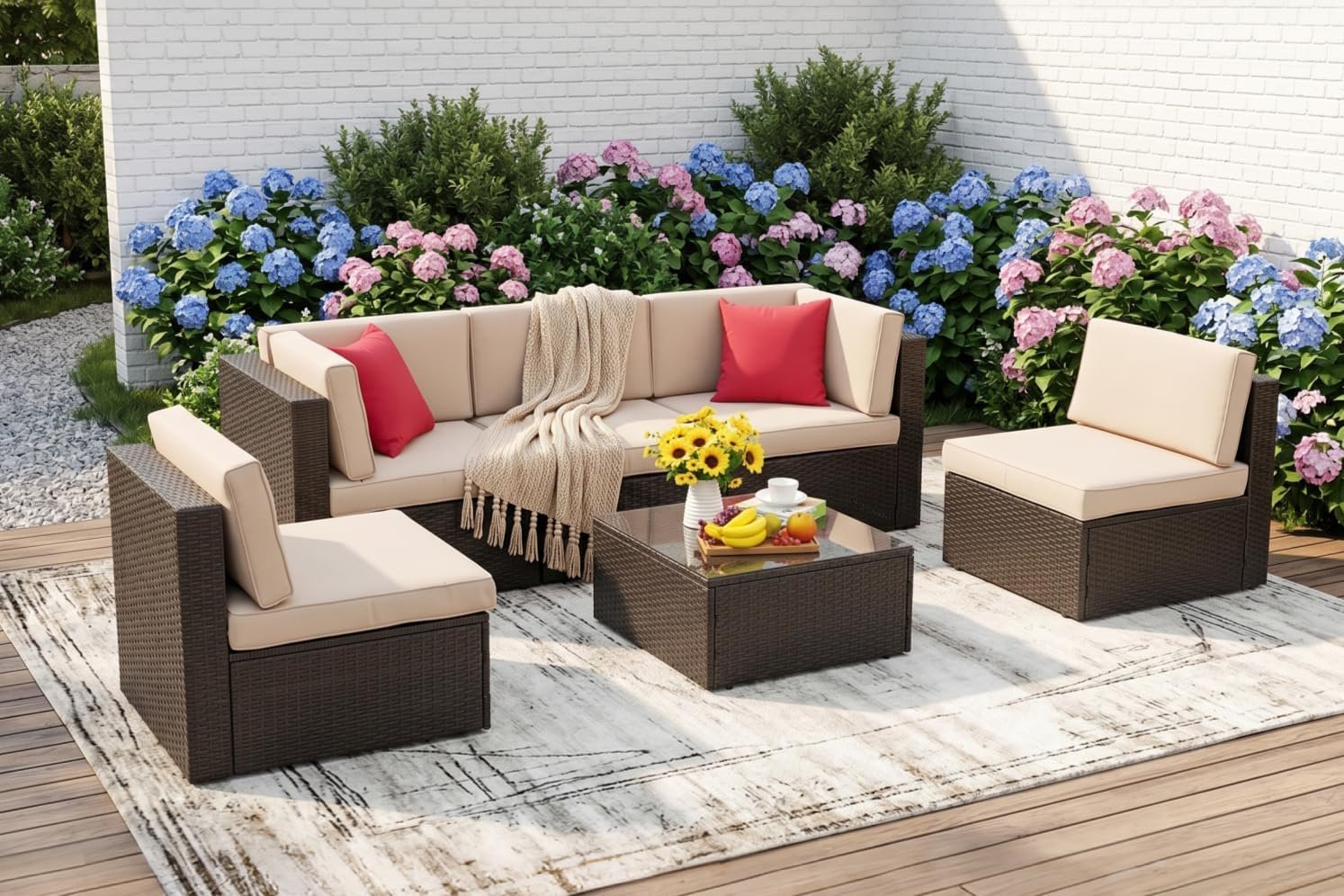 Vongrasig 6 Pieces Patio Furniture Set, Outdoor Sectional Patio Sofa Couch, PE Wicker Rattan Patio Set with Coffee Table for Garden, Backyard, Poolside (Beige)