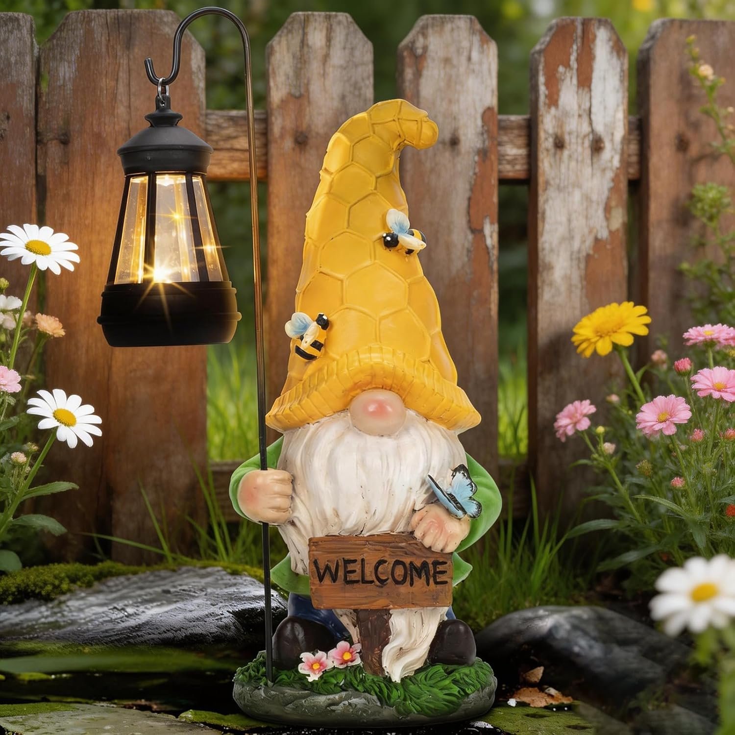 Solar Garden Gnome Statue with Lantern – Hand-Painted Resin Gnome Decor, IP44 Waterproof Outdoor Figurine for Yard Patio Porch, for Mom Women Housewarming Christmas