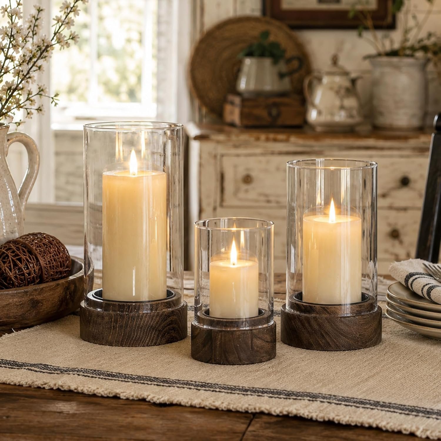 Hewory Hurricane Glass Candle Holders: 3PCS Wooden Brown Candle Holders | Candle Holders for Pillar Candles, Rustic Wood Base with Clear Glass for Weddings Table Centerpiece Thanksgiving Christmas