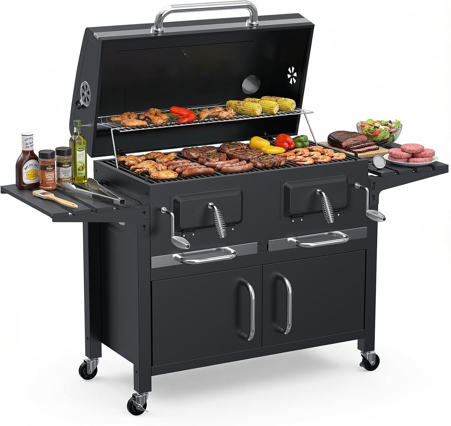 Bestfire 63″ Oversized Charcoal BBQ Grill & Smoker, Large Outdoor Grill with 2 Individual Lifting Charcoal Trays, Cabinet-Style Charcoal Grills with Foldable Side Tables, 4 Wheels, Asadores de Carbon