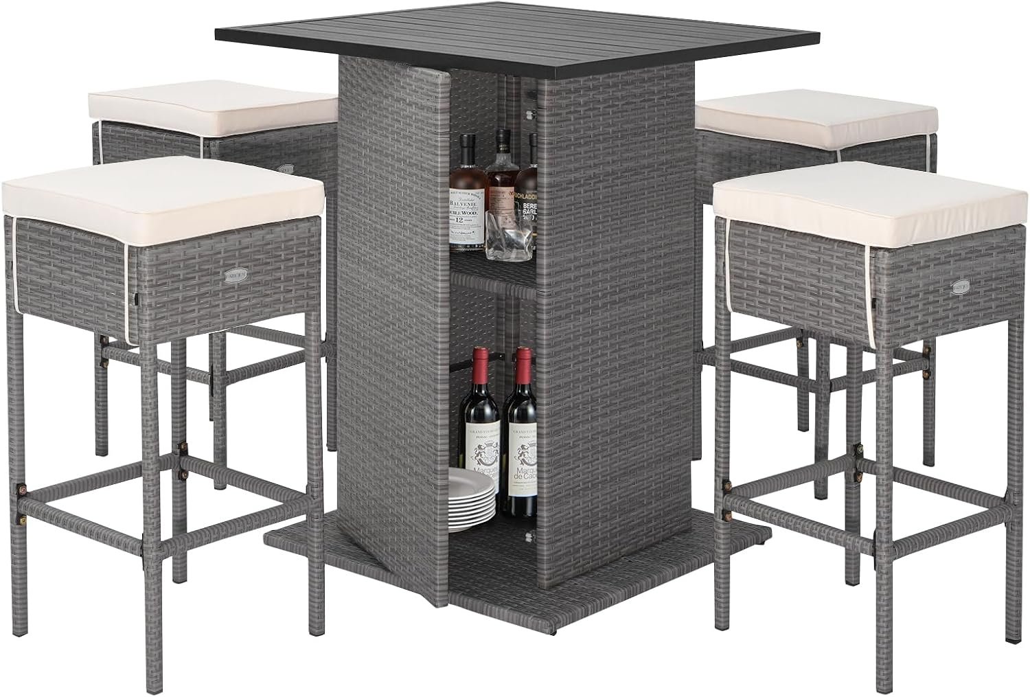 RELAX4LIFE 5-Piece Outdoor Bar Set, Wicker Rattan Bar Height Patio Set w/4 Cushion Bar Stools & Table with Hidden Storage, 5PCS Outdoor High Top Table and Chairs Set for Backyard Poolside (White-Grey)