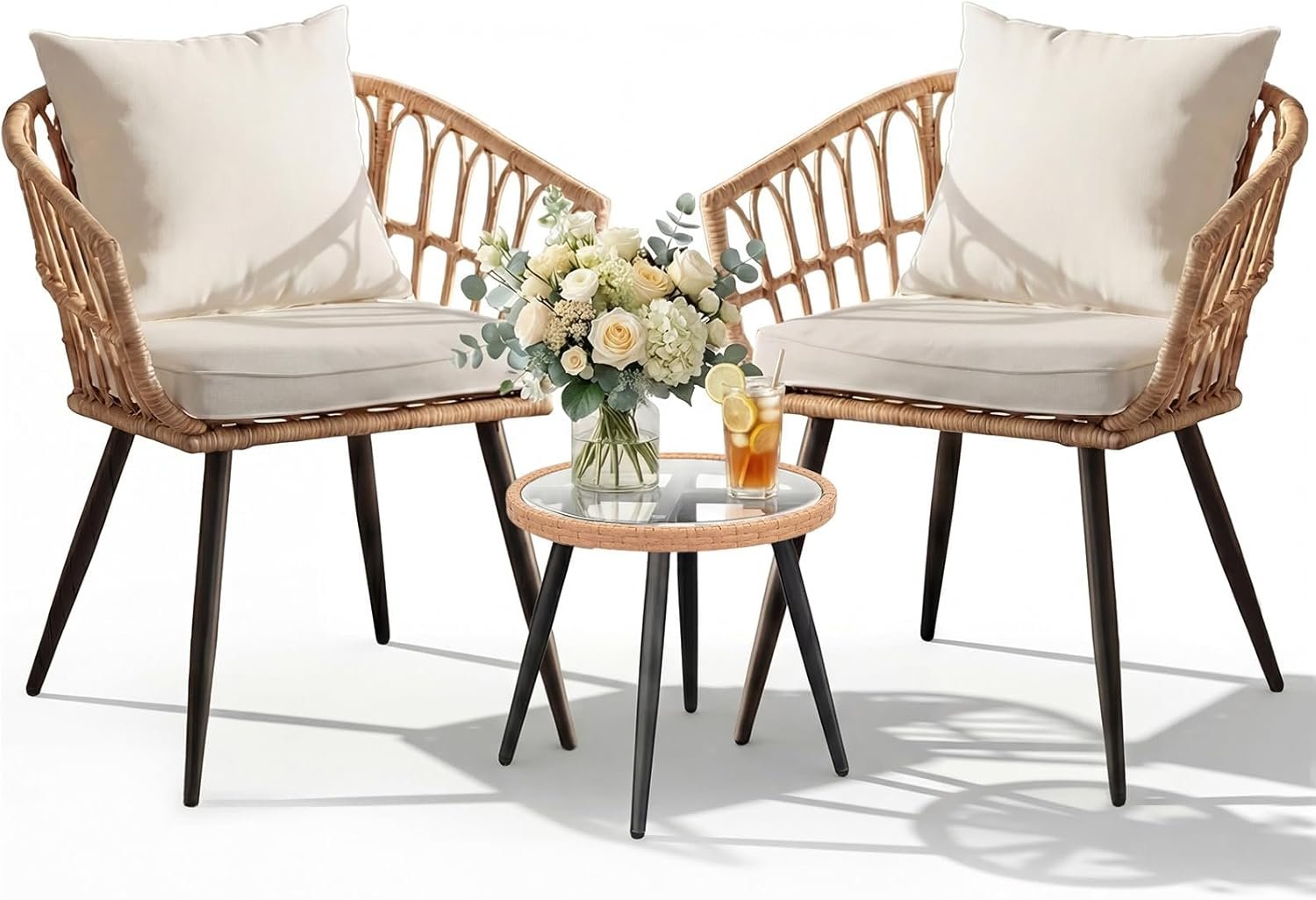 3 Piece Patio Bistro Set, Outdoor Wicker Apartment Balcony Furniture Set, All-Weather Rattan Patio Conversation Set for Backyard, Balcony and Porch with Soft Cushions, Tempered Glass Side Table(Beige)