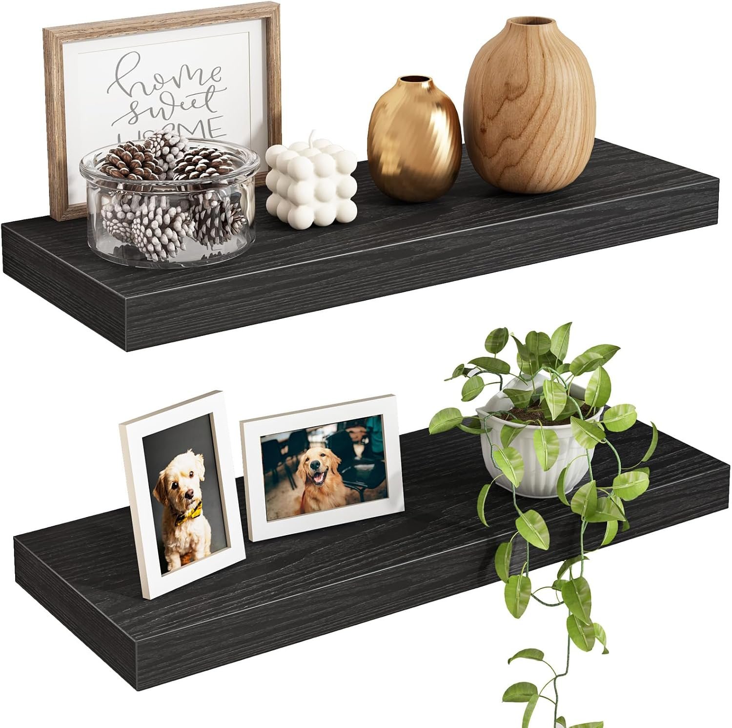 Fixwal Floating Shelves for Wall, 15.7″ Wood Wall Mounted Shelves for Living Room, Bedroom, Bathroom and Kitchen, for Storage, Books, Room Decor (Black, Set of 2)