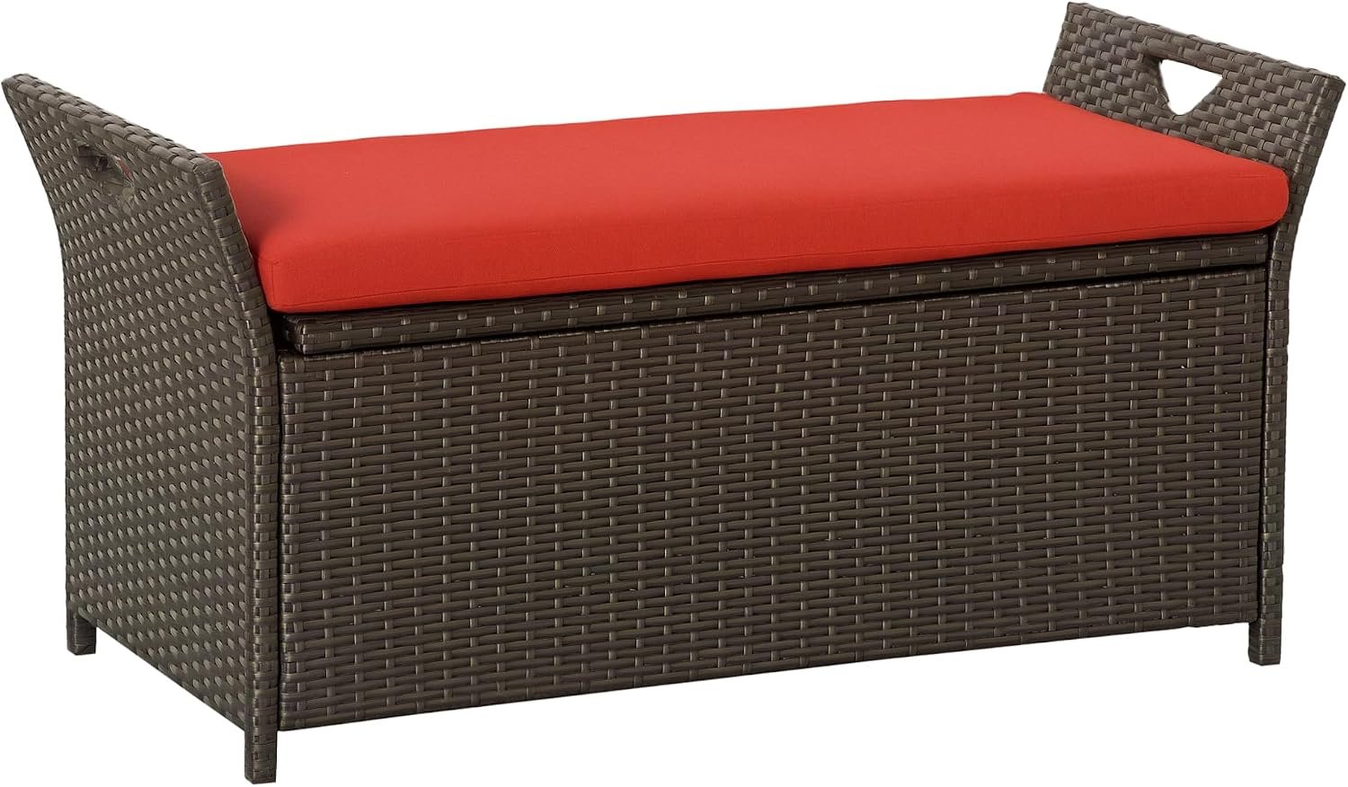 Outsunny 29 Gallon Patio Wicker Storage Bench Outdoor PE Rattan Red | Furniture, 2-In-1 Large Capacity, Rectangle Garden Storage Box, Handles, Cushion
