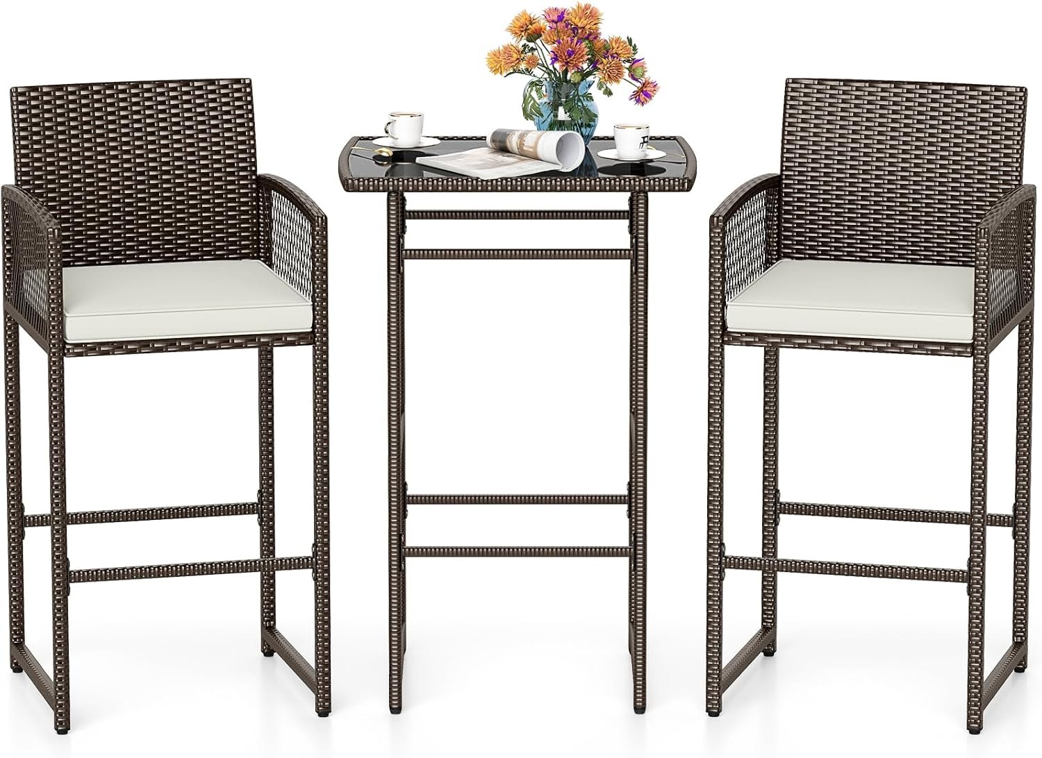 Tangkula 3 Piece Patio Bar Set, Outdoor Wicker Bar Height Heavy Duty Metal Table & Cushioned Armchairs, for Backyard, Poolside, Porch and Bistro