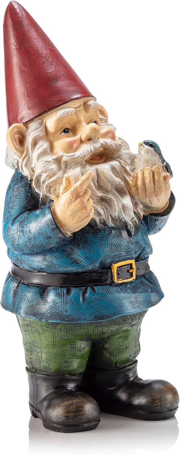 Alpine Corporation 12″ Tall Garden Gnome Outdoor Yard Statue with Colorful Bird Accent, Playful Polyresin Decoration, Multicolor