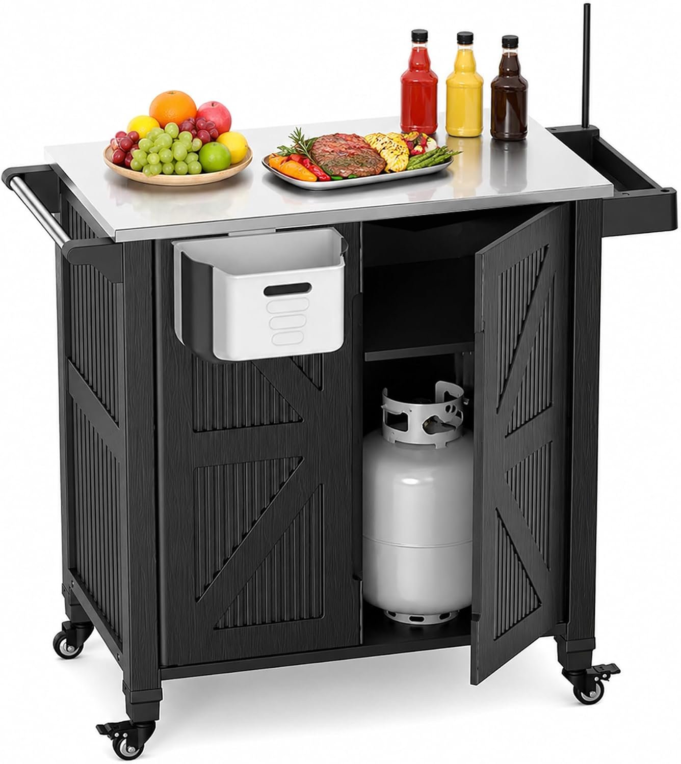 Outdoor Grill Cart with Storage Cabinet, Stainless Steel Countertop BBQ Prep Table, Movable Kitchen Island Cart on Wheels with Spice Rack & Folding Trash Can for Patio Backyard (Basic)