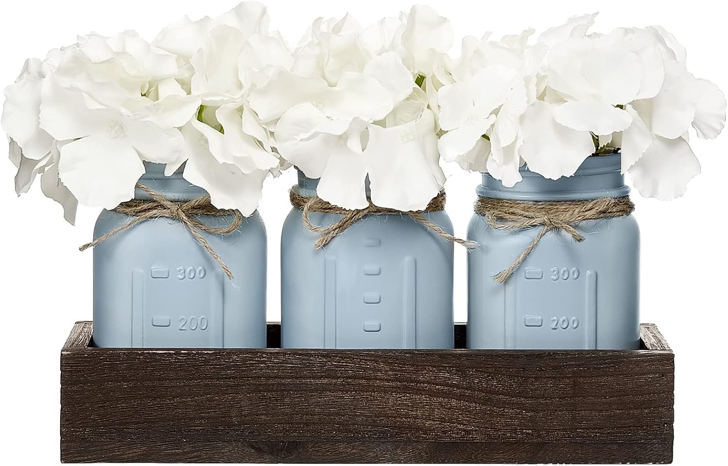 Mkono Mason Jar Centerpiece with Wood Tray Farmhouse Coffee Table Decor | Artificial Flowers, 3 Dusty Blue Painted Jars, Rustic Country Style, Versatile for Dining Room Kitchen Living Room Bathroom