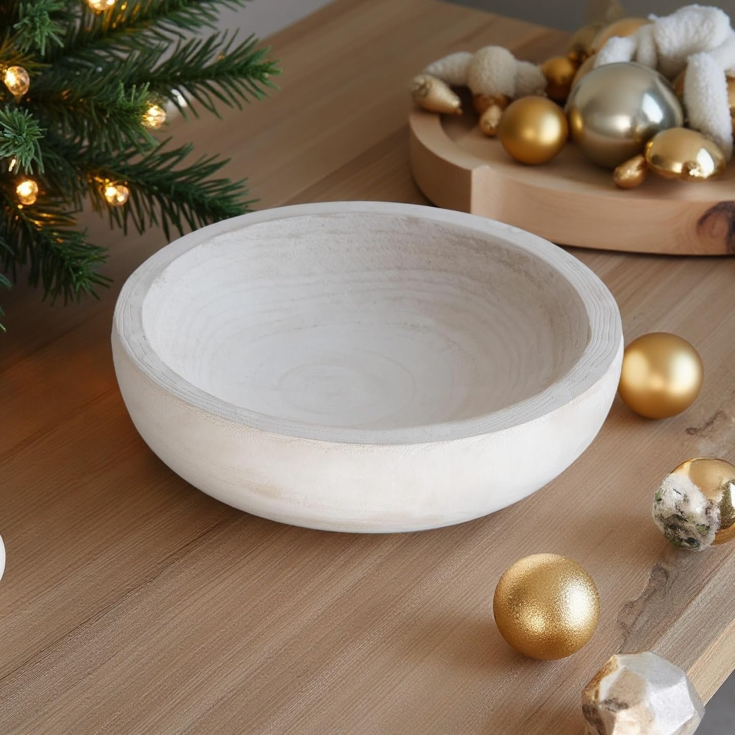 COLLECTIVE HOME – Paulownia Wood Hand Carved Tray, Fruit Snack Holder, Decorative Bowl, Rustic Home Decor Accessories for Coffee Table, Living Room, Wedding Centerpiece, 10″ (washed white)