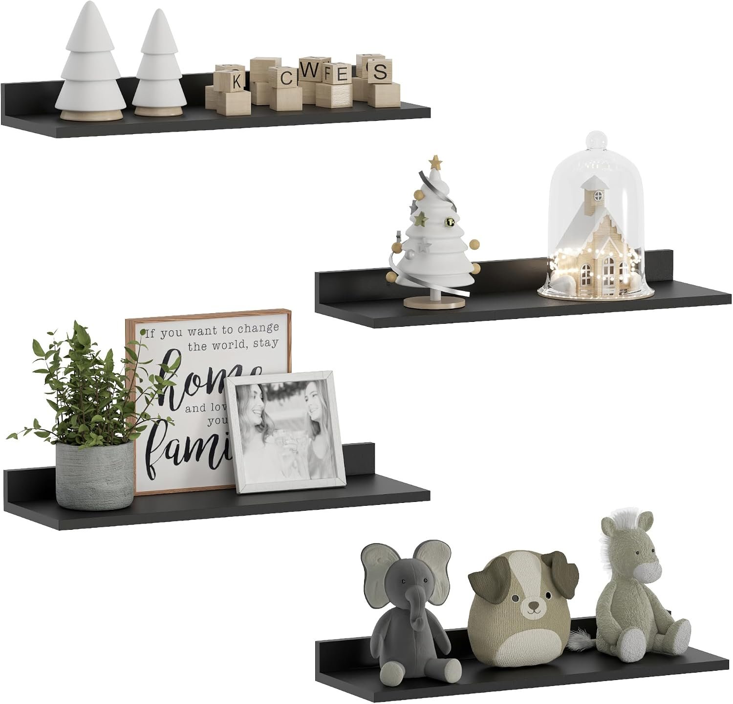 WOPITUES Floating Shelves, Wall Mounted Shelves for Room Decor, Modern Display Shelf for Bedroom, Sturdy Bathroom Storage Shelves, Book Shelves for Living Room, Black Small Corner Shelves, Set of 4