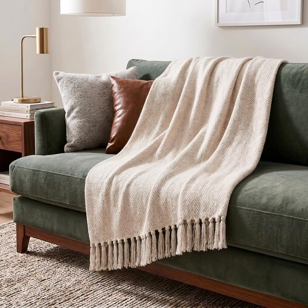 Americanflat 50×60 Throw Blanket – Soft and Breathable Cotton Throw Blanket for Couch, Bed, Chair – Decorative Blankets Perfect for Home, Office, or Outdoor Use – Cream and Beige Zig Zag Design