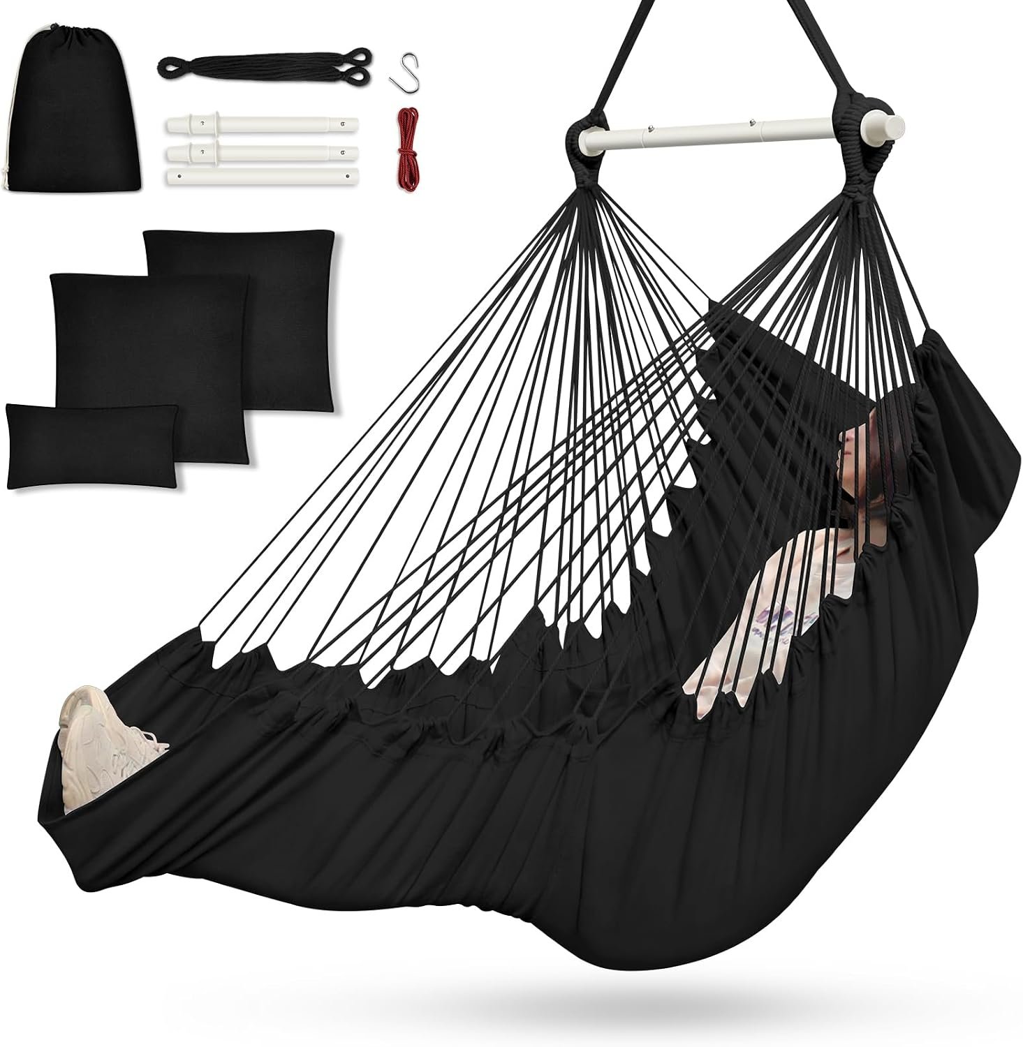 Outerman Hammock Chair, Hanging Chair with 3 Cushions and Foot Rest Support, Durable Metal Spreader Bar Max 500Lbs, Swing Chair for Bedroom, Indoor & Outdoor, Patio, Porch or Tree（Black）…