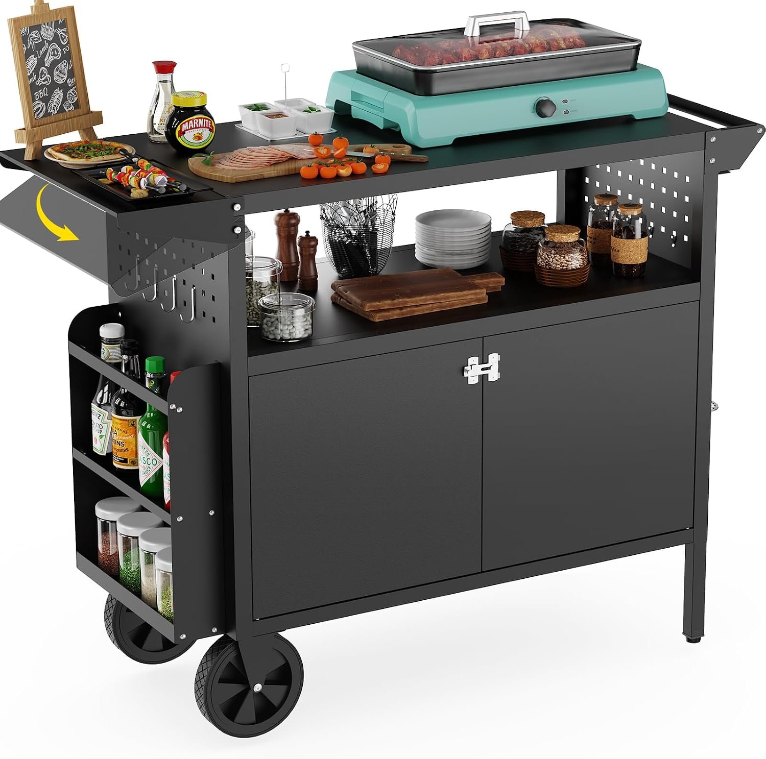 Eltean Grill Table,Outdoor Grill Cart with Storage,Outdoor Kitchen Island with Wheels,Foldable Tabletop for Prep,Patio BBQ(Metal)